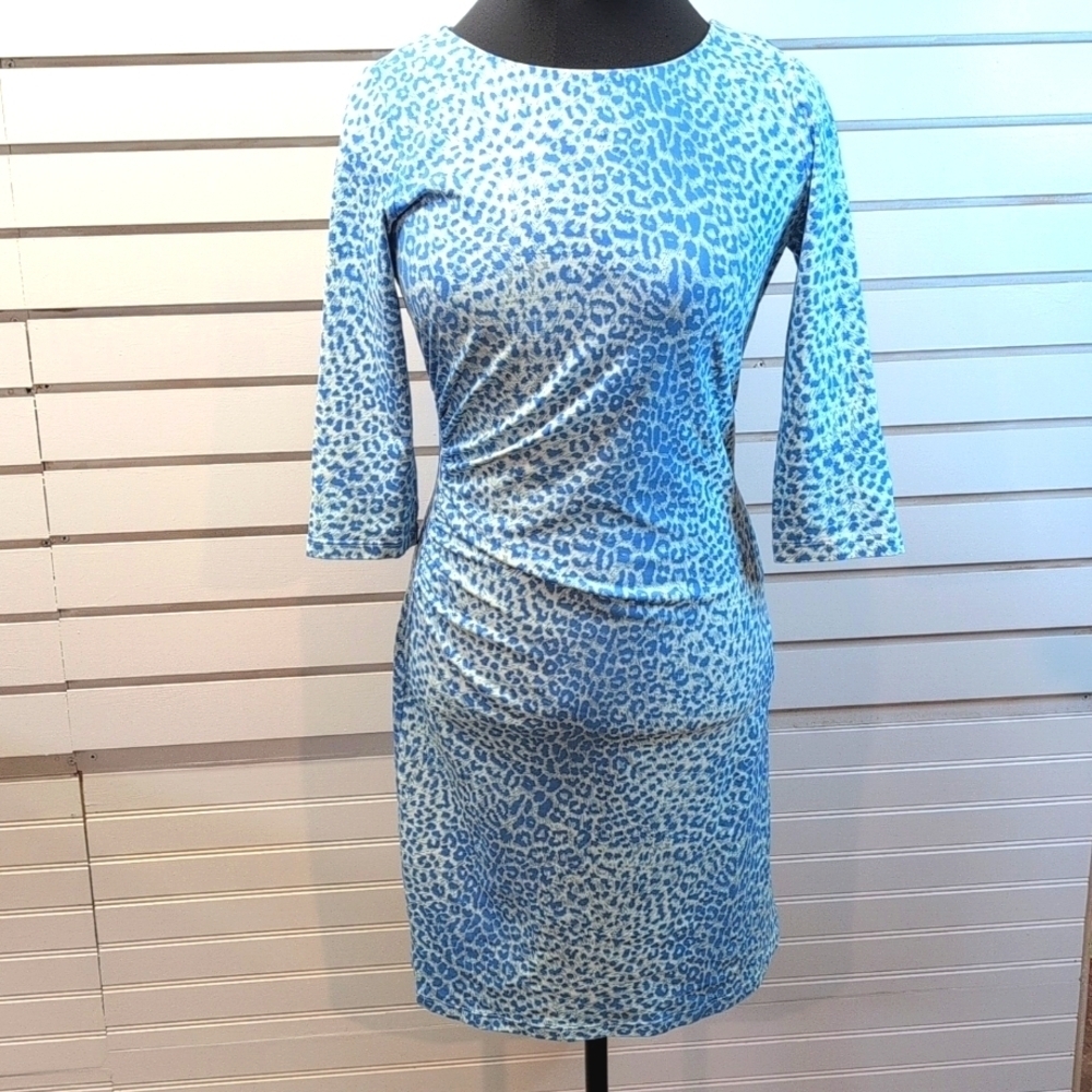 J. McLaughlin Catalina Cloth Sage Rouched Side  Animal Print Dress Small EUC